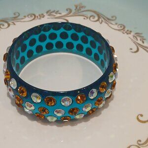 Acrylic and Rhinestone Bangle - Wide Clear Teal with AB and gold Tone Rhinestone